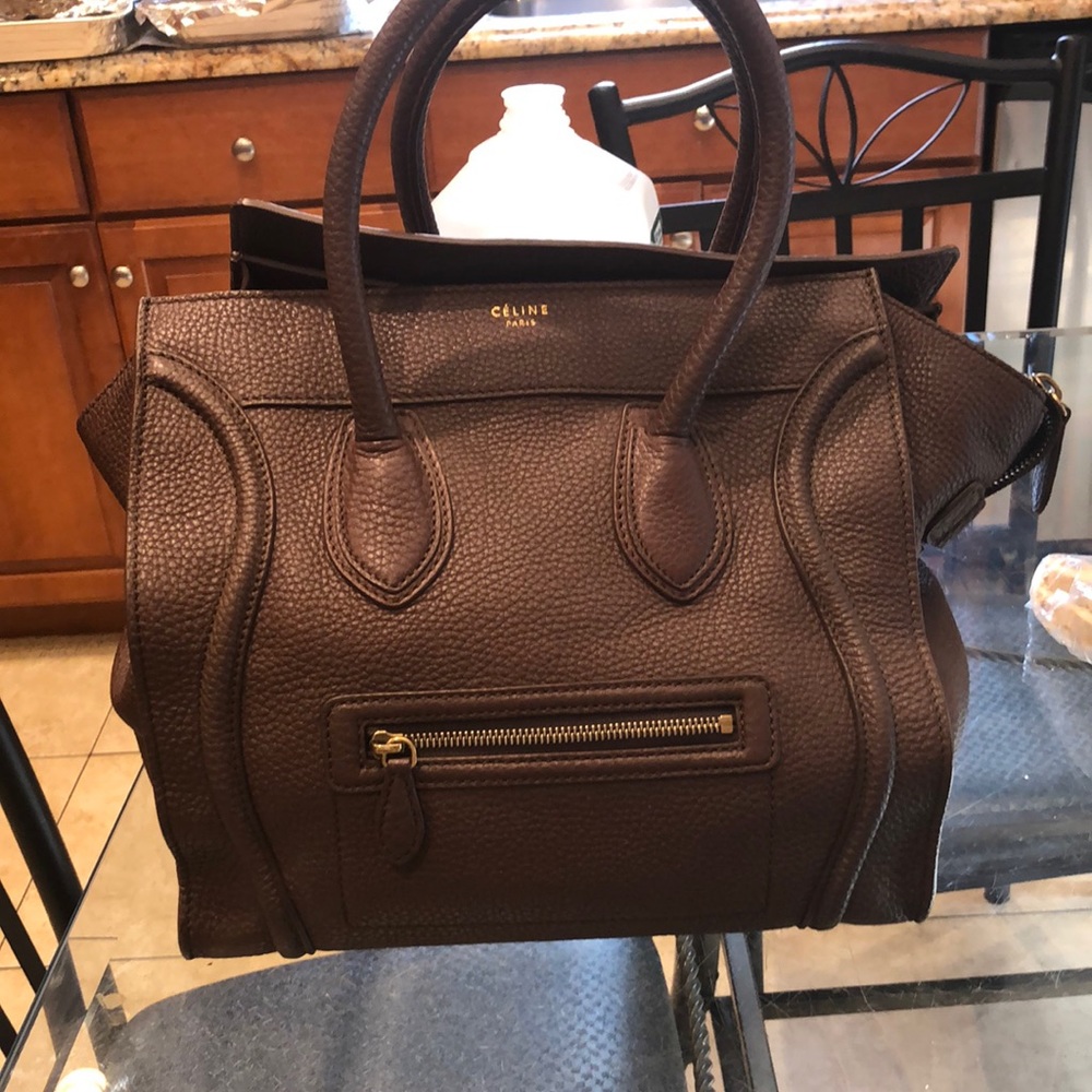 Women’s Celine chocolate brown Micro Luggage Handbag  Drummed Calfskin 100% Real